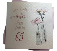 WHITE COTTON CARDS BD 65-65 "Motif Pissenlit Happy Birthday to a Lovely Sister 65 Carte d'anniversaire 65 Ans Faite à la Main Blanc