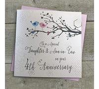 White Cotton Cards Carte 4ème anniversaire de mariage pour fille et beau-fils Forth Fruits Oiseaux et branche d'arbre PD193-4,16 cm x 16 cm