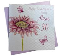 white cotton cards Carte d'anniversaire Faite Main Inscription Happy 90th Birthday to a Lovely Mum Motif Gerbera Rose