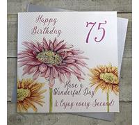 white cotton cards Carte d'anniversaire Inscription Happy 75th Birthday Motif Fleur Rose Format XL