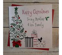 WHITE COTTON CARDS Carte de Noël Faite à la Main Merry Brother & His Family (Arbre et Cadeaux Code fp45)