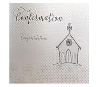 white cotton cards Carte de vœux Faite Main Motif église Inscription en Anglais « on Your Confirmation Congratulations » Argenté