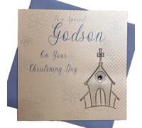 white cotton cards Carte de vœux Faite Main pour baptême Inscription to a Special Godson on Your Christening Day Motif église