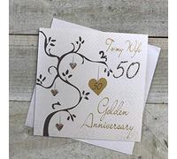 White Cotton Cards Carte Faite Main pour 50e Anniversaire de Mariage Motif en Anglais to My Wife 50 Golden Anniversary