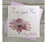 WHITE COTTON CARDS Flower Rose Gerbra to My Lovely Mum Happy Birthday Carte d'anniversaire Faite à la Main Blanc