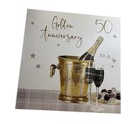WHITE COTTON CARDS Grande Carte «Noces d'or - 50th Anniversary Carte Faite à la Main Blanc
