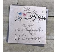 White Cotton Cards PD192-3 Carte de 3e anniversaire de mariage Motif oiseaux et branche d'arbre