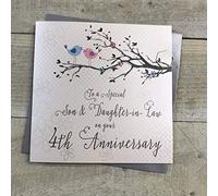 White Cotton Cards PD192-4 Carte d'anniversaire de mariage pour 4e anniversaire de mariage Motif oiseaux et branche d'arbre