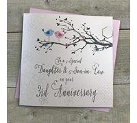 White Cotton Cards PD193-3 Carte de 3e anniversaire de mariage Motif oiseaux et branche d'arbre