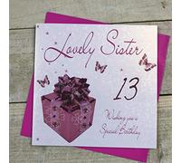 WHITE COTTON CARDS WB 190-13 Rose présente, Lovely Sister 13 Wishing You A Spécial 13e Anniversaire» Carte d'anniversaire Faite à la Main Blanc