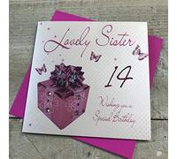 White Cotton Cards WB 190-14 Rose présente, Lovely Sister 14 Wishing You A Special Birthday quatorzième Carte d'anniversaire Faite à la Main Blanc