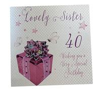 WHITE COTTON CARDS WB 190-40 Rose présente, Lovely Sister 40 Wishing You A Special Birthday» Carte d'anniversaire Faite Main Inscription 40th Birthday Blanc