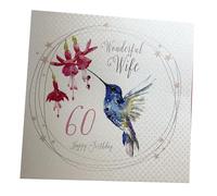 WHITE COTTON CARDS WB 192-60 "Oiseau 60, Wonderful Wife Happy Birthday» («60e Carte d'anniversaire Faite à la Main Blanc