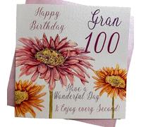 WHITE COTTON CARDS WBA100 G-Rose Gerbra Happy Birthday 100 Granny Have a Wonderful Day 100ème Anniversaire Faite à la Main Blanc