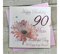 WHITE COTTON CARDS wba90 Motif Mum Rose Gerbra 90, Mum Happy Birthday Have a Wonderful Day Fait Main Carte de souhaits Motif mom 90th Birthday