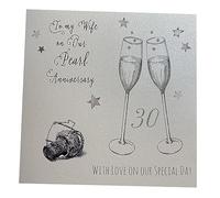 WHITE COTTON CARDS XLWA30W Carte de vœux Faite Main pour 30è Anniversaire de Mariage/Noces de Perle Motif Coupes de Champagne/Inscription to My Wife on Our Ruby Anniversary