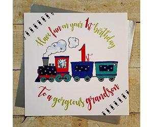 White Cotton Cards Xr41 Grande "Have Fun on Your 1st Birthday to a Gorgeous Grandson" carte faite à la main