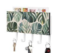White Ed - Porte-clés mural en cuir synthétique avec 5 crochets décoratifs - Motif feuilles botaniques tropicales - Pour entrée, couloir, bureau, cuisine - Blanc