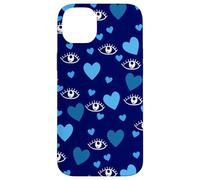 White Eye Lashes Turkish Blue Hearts Pattern Coque pour iPhone 14 Plus
