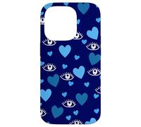 White Eye Lashes Turkish Blue Hearts Pattern Coque pour iPhone 14 Pro