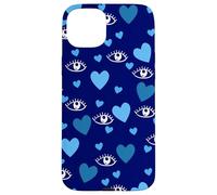 White Eye Lashes Turkish Blue Hearts Pattern Coque pour iPhone 15 Plus