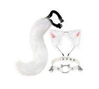 (White)Furry Cat Ears Fox Tail Bell Collar Necklace Set Halloween Party Accessories Lolita Simulation Fur Plush Headwear Cosplay Props