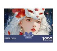 White-Haired Girl with Red Vulpine Ears 1000 Pcs Carton Extra-épais Lot de Puzzles Mystical Masked Girl Stimulant Et Éducatif Jeu Créatif Puzzles pour Adultes Et Enfants 38x26cm/1000pcs