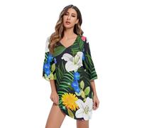 White Lilies Robe de plage hawaïenne en mousseline de soie imprimée S-XXL, Lys blancs, Taille L