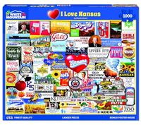 White Mountain I Love Kansas Puzzle de 1000 pièces Collage d'État Grande pièce Puzzle Cadeaux pour adultes et famille 61 x 76,2 cm