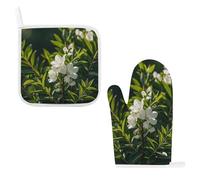 White Natural Greenery Lot de 2 maniques et maniques résistantes à la chaleur avec boucle de suspension pour cuisine, pâtisserie, barbecue, micro-ondes