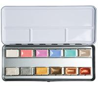 White Nights Lot de 12 peintures aquarelles russes métallisées et pastel dans des godets entiers dans une boîte en métal, haute brillance et luminosité