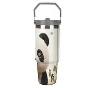 White Panda - Gobelet de 887 ml avec paille, tasse de voyage isotherme en acier inoxydable avec poignée, tasse à café sous vide à double paroi, couvercle anti-fuite, garde les boissons chaudes/froides