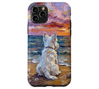 White Scotty on a Sunset Summer Beach Illustration Coque pour iPhone 11 Pro