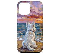 White Scotty on a Sunset Summer Beach Illustration Coque pour iPhone 12 Pro Max