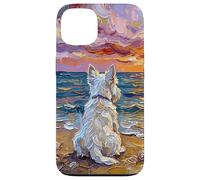 White Scotty on a Sunset Summer Beach Illustration Coque pour iPhone 13