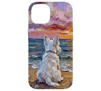 White Scotty on a Sunset Summer Beach Illustration Coque pour iPhone 14