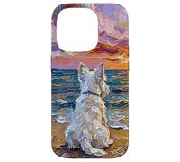 White Scotty on a Sunset Summer Beach Illustration Coque pour iPhone 14 Pro