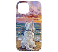 White Scotty on a Sunset Summer Beach Illustration Coque pour iPhone 15