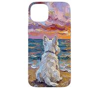 White Scotty on a Sunset Summer Beach Illustration Coque pour iPhone 15 Plus