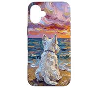 White Scotty on a Sunset Summer Beach Illustration Coque pour iPhone 16 Plus