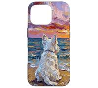 White Scotty on a Sunset Summer Beach Illustration Coque pour iPhone 16 Pro