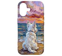 White Scotty on a Sunset Summer Beach Illustration Coque pour iPhone 17