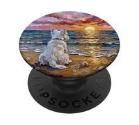 White Scotty on a Sunset Summer Beach Illustration PopSockets PopGrip Adhésif