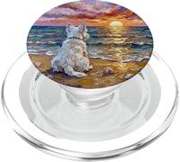 White Scotty on a Sunset Summer Beach Illustration PopSockets PopGrip pour MagSafe