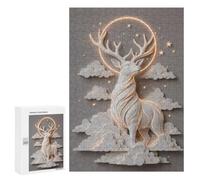 White Stag with Neon Moon and Clouds, Puzzle pour Adultes, 300 PCS, Édition Illustrée, pour Une Expérience De Puzzle Détaillée À La Maison