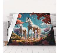 White Stallion Under The Peach Blossom Tree Couverture en flanelle douce, parfaite pour lit, canapé et voyage, convient pour toutes les saisons, 4 tailles