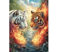 White Tiger and Tigre dans Le feu et l'eau 1000 Pièces Puzzle Expert Confirmé en Carton Anti-Déchirure Mythes fantastiques Très Difficile Haute Difficulté Motif Complexe Idée Cadeau Anniversair