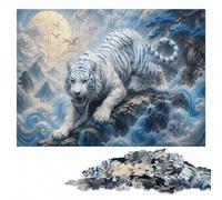 White Tiger with Blue Stripes on Waves Puzzle en Bois, 1000 pièces | Puzzle pour passionné: activité familiale autour de la table sur plusieurs sessions.