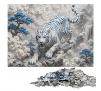 White Tiger with Blue Stripes on Waves Puzzle en Bois, 300 pièces | Puzzle pour passionné: zones du motif lisibles pour les parties détaillées en intérieur.