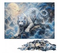White Tiger with Blue Stripes on Waves Puzzle en Bois, 500 pièces | Présent pour amateur de loisirs détaillés avec activité autour de la table à son propre rythme.